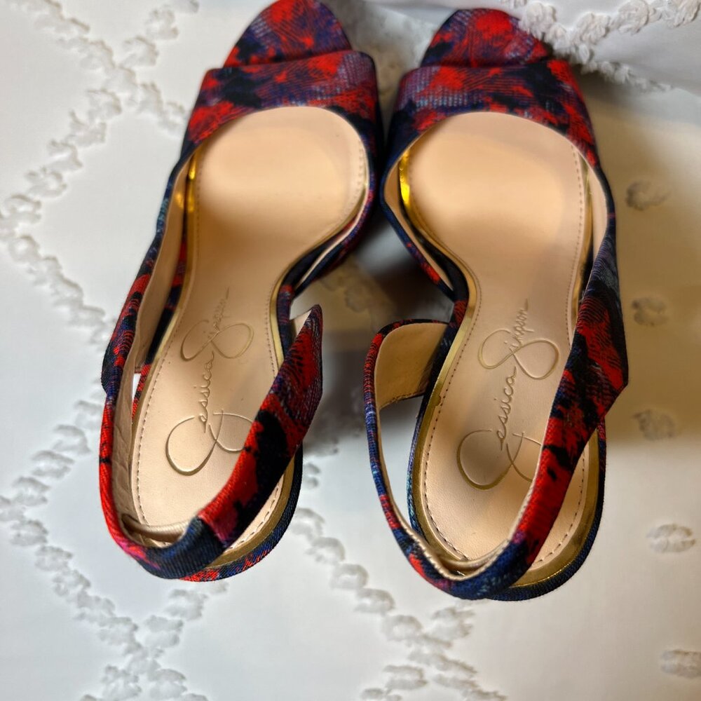 Jessica Simpson "Sabella" Sling Back Red & Blue Floral Platform Pump SIZE 7M/37 - Picture 6 of 10